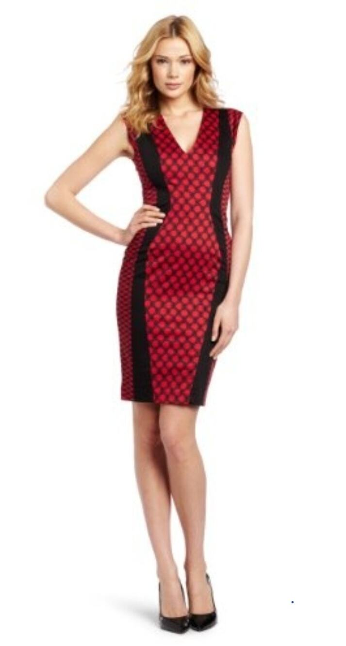 French Connection Geraldine V Neck Sexy Sheath Dress Red & Black Size 12